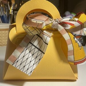 Five Yellow Mini Gift Bags with Patterned Scarf Accent